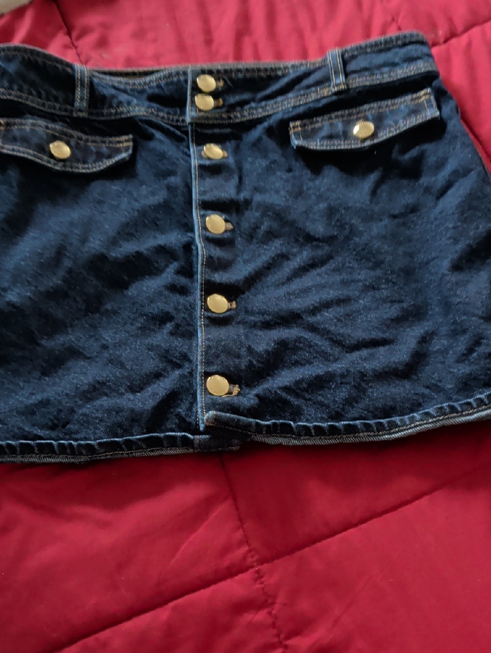 H&M Dark Blue Denim Button-Front Midi Skirt with Gold Buttons